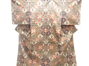 斜め格子に動物更紗模様織り出し手織り紬着物